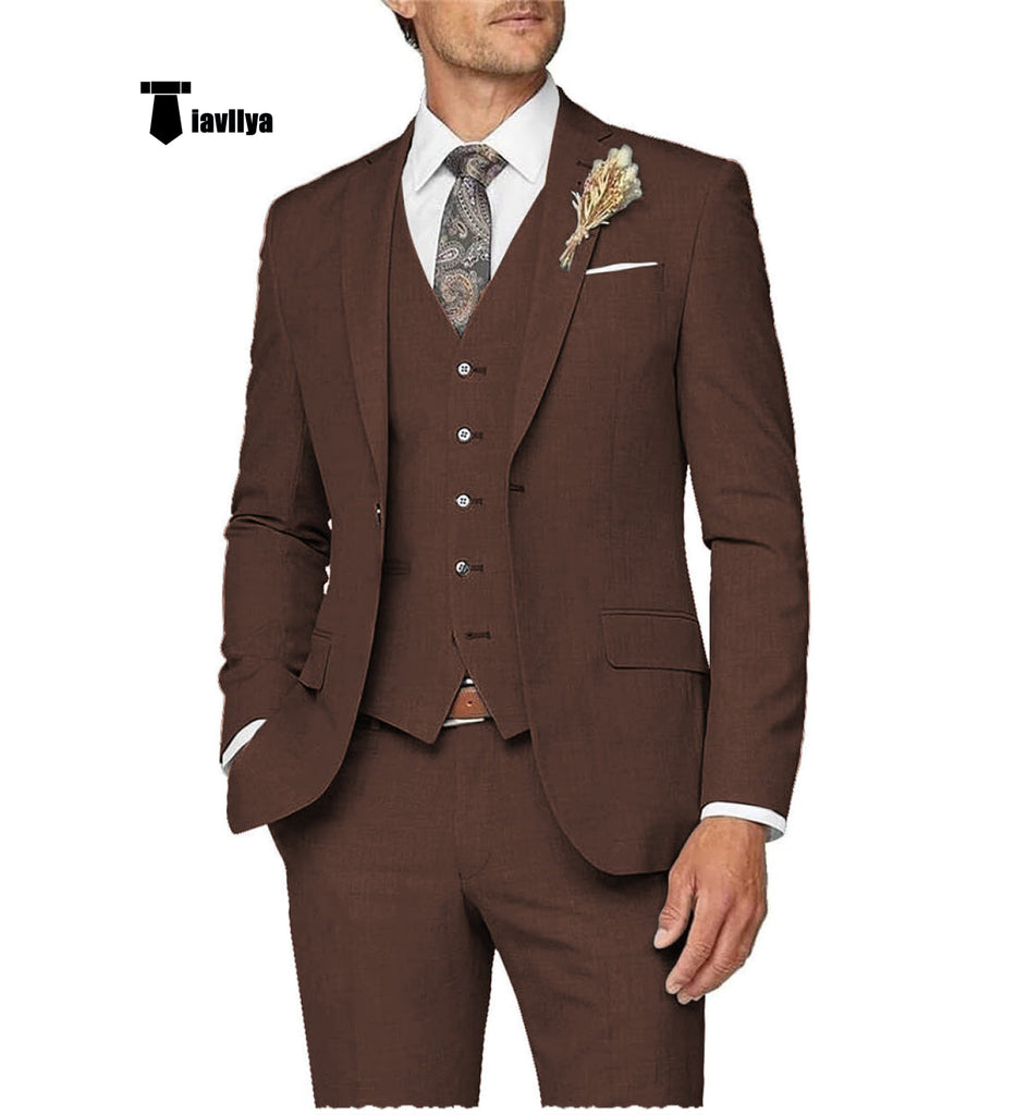 Casual Men’s 3 Pieces Mens Suit Notch Lapel Linen For Wedding (Blazer + Vest + Pants) Xs / Coffee