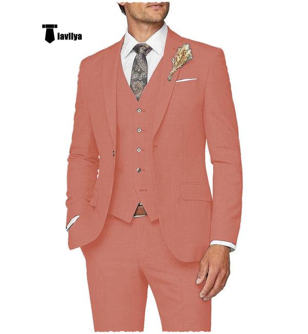 Casual Men’s 3 Pieces Mens Suit Notch Lapel Linen For Wedding (Blazer + Vest + Pants) Xs / Coral