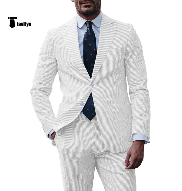 Fashion Men’s 2 Pieces Striped Seersucker Notch Lapel Tuxedos (Blazer + Pants) Xs / Full White