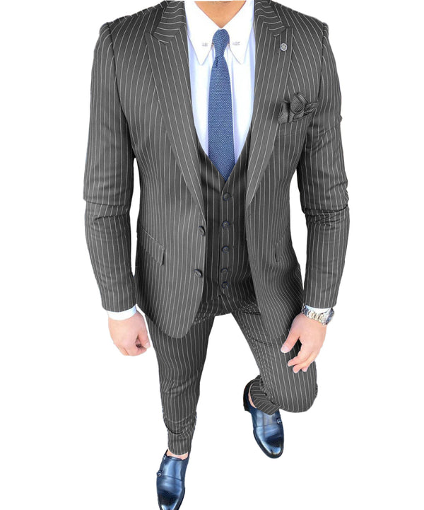 3 Pieces Suit - Fashion Men's 3 Pieces Slim Fit Striped Peak Lapel Tuxedos (Blazer+vest+Pants)