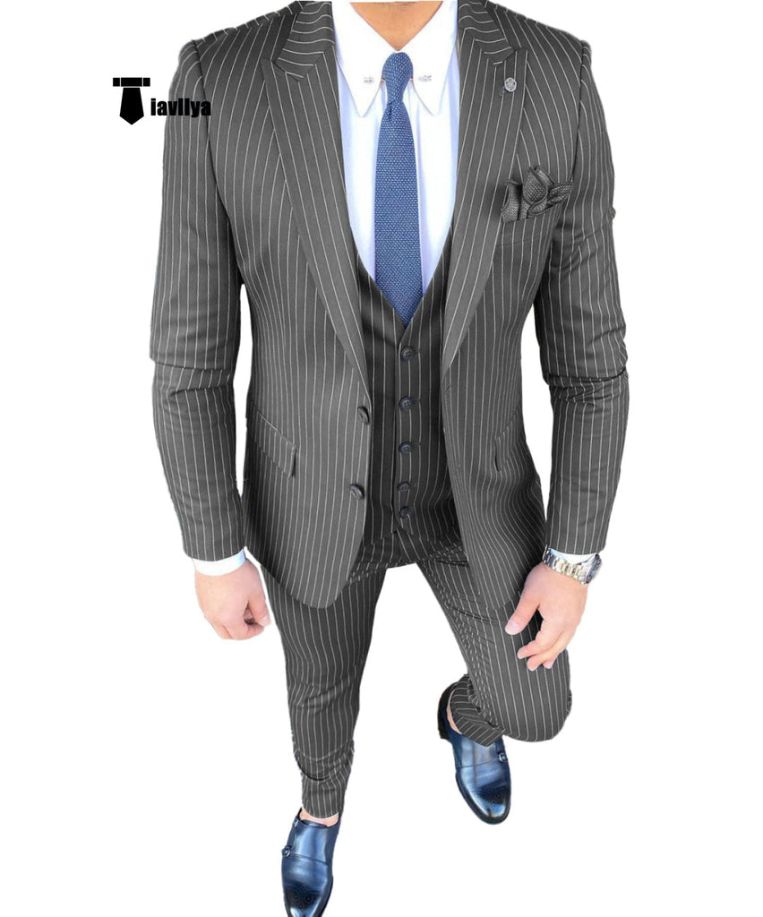 3 Pieces Suit - Fashion Men's 3 Pieces Slim Fit Striped Peak Lapel Tuxedos (Blazer+vest+Pants)