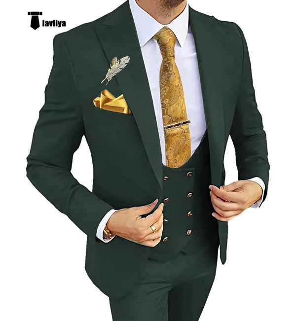 Fashion Men’s Suit 3 Piece Peak Lapel Flat Tuxedo Wedding (Blazer + Vest + Pants) Xs / Hunt Green
