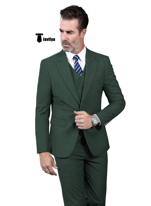 Casual Men’s Suit 3 Piece Peak Lapel Flat Tuxedo Wedding (Blazer + Vest + Pants) Xs / Hunt Green