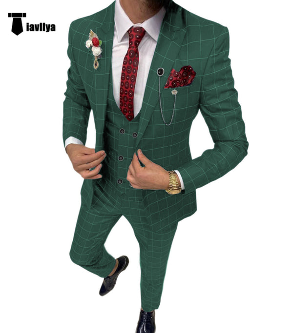 3 Pieces Suit - Fashion Mens Suit 3 Pieces Plaid Peak Lapel Tuxedos (Blazer+Vest+Pants)