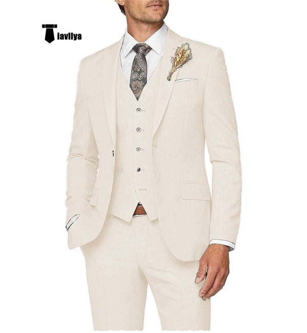 Casual Men’s 3 Pieces Mens Suit Notch Lapel Linen For Wedding (Blazer + Vest + Pants) Xs / Ivory