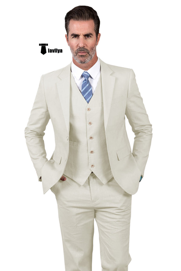 Formal Men’s 3 Pieces Mens Suit Notch Lapel Linen For Wedding (Blazer + Vest + Pants) Xs / Ivory