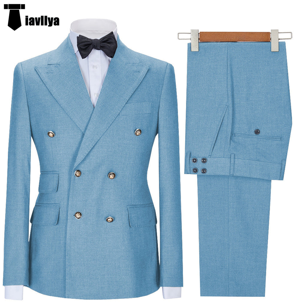 2 Pieces Suit - Fashion 2 Pieces Mens Suit Double Breasted Flat Notch Lapel Tuxedos (Blazer+Pants)