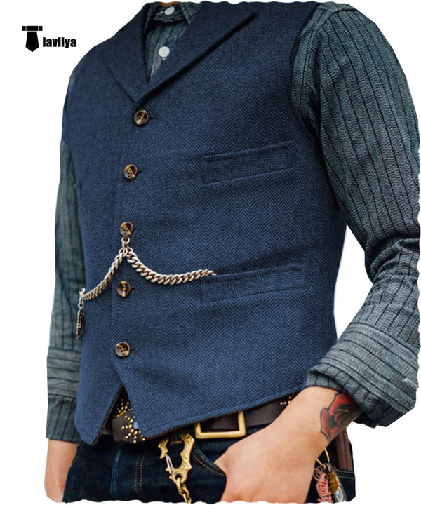 Vintage Classical Men’s Slim Fit Tweed Herringbone Waistcoat Xs / Light Blue Suit Vest