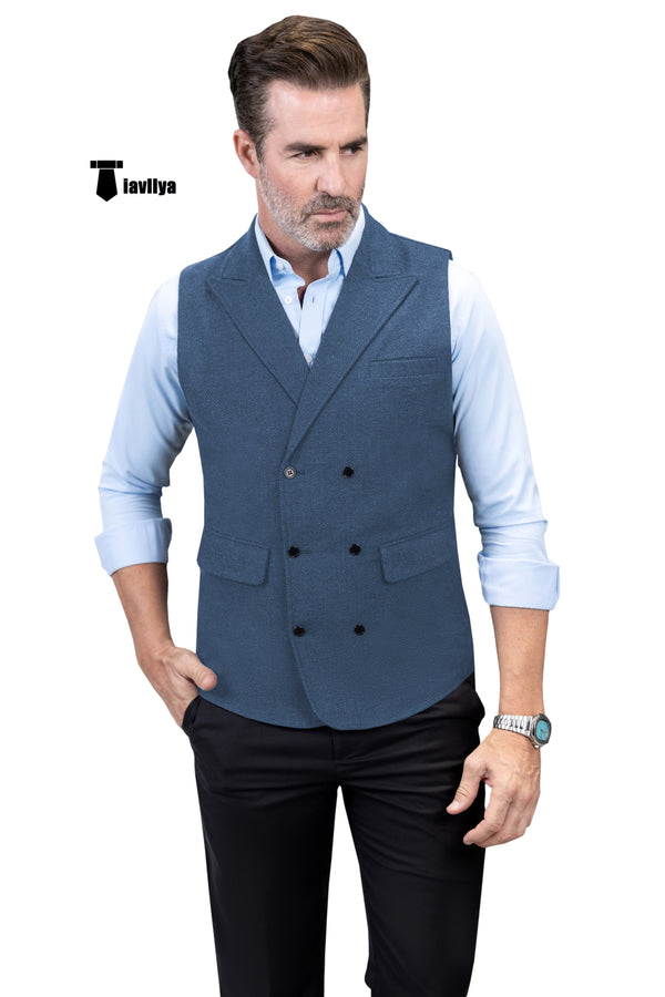 Casual Men’s Classic Tweed Herringbone Peak Lapel Waistcoat Xs / Light Blue Suit Vest