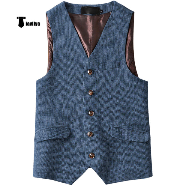 Suit Vest - Vintage Classical Mens Regular Fit Tweed Herringbone V Neck Waistcoat
