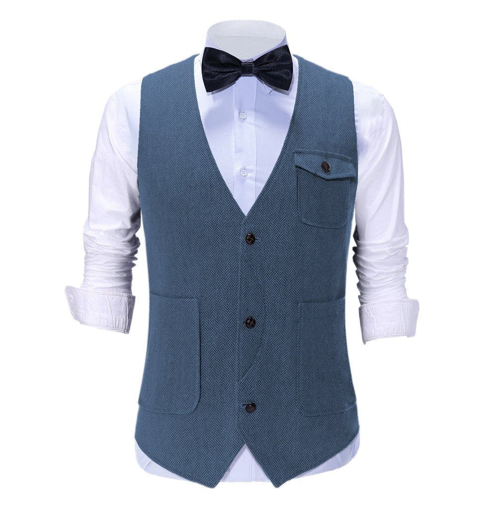 Suit Vest - Vintage Classical Mens Regular Fit Tweed Herringbone V Neck Suit Vest