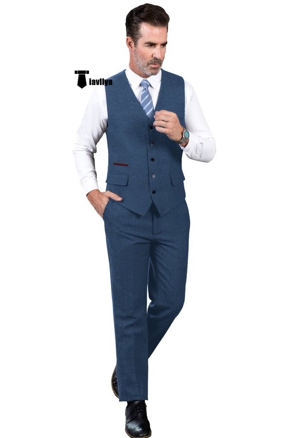 Vintage Classical 2 Pieces Mens Suit Herringbone V Neck Vest For Wedding (Vest + Pants) Xs / Light