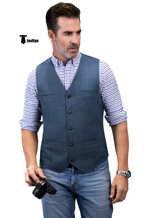 Formal Men’s Tweed Herringbone V Neck Waistcoat Xs / Light Blue Suit Vest