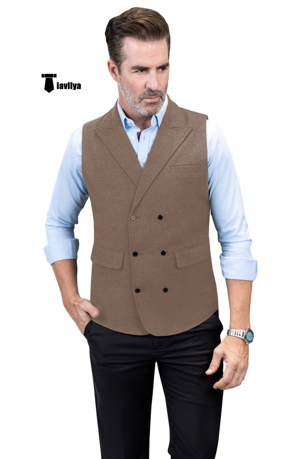 Casual Men’s Classic Tweed Herringbone Peak Lapel Waistcoat Xs / Light Brown Suit Vest
