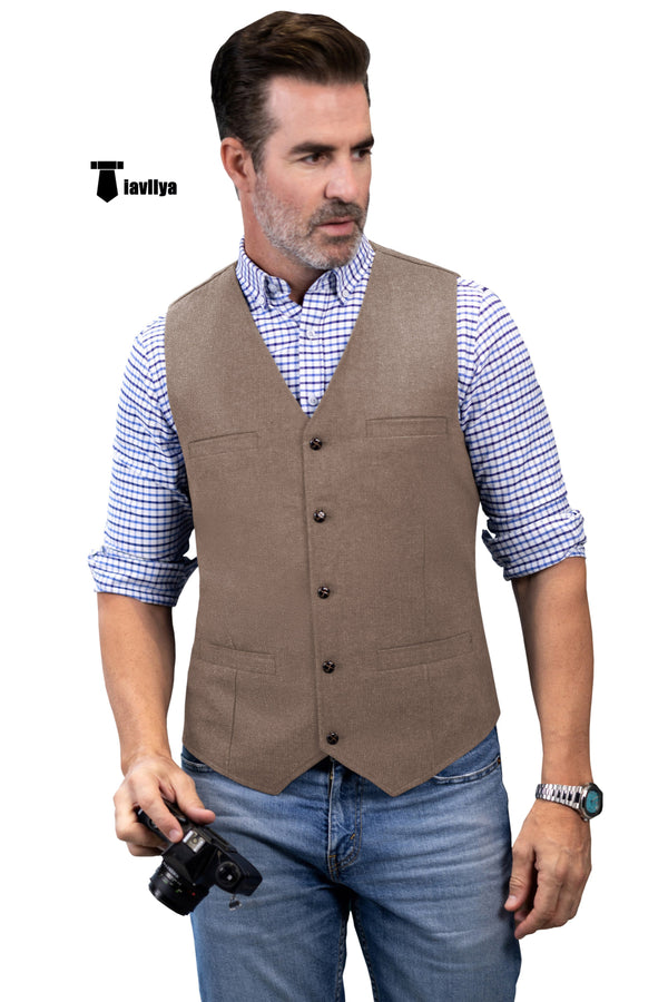 Formal Men’s Tweed Herringbone V Neck Waistcoat Xs / Light Brown Suit Vest