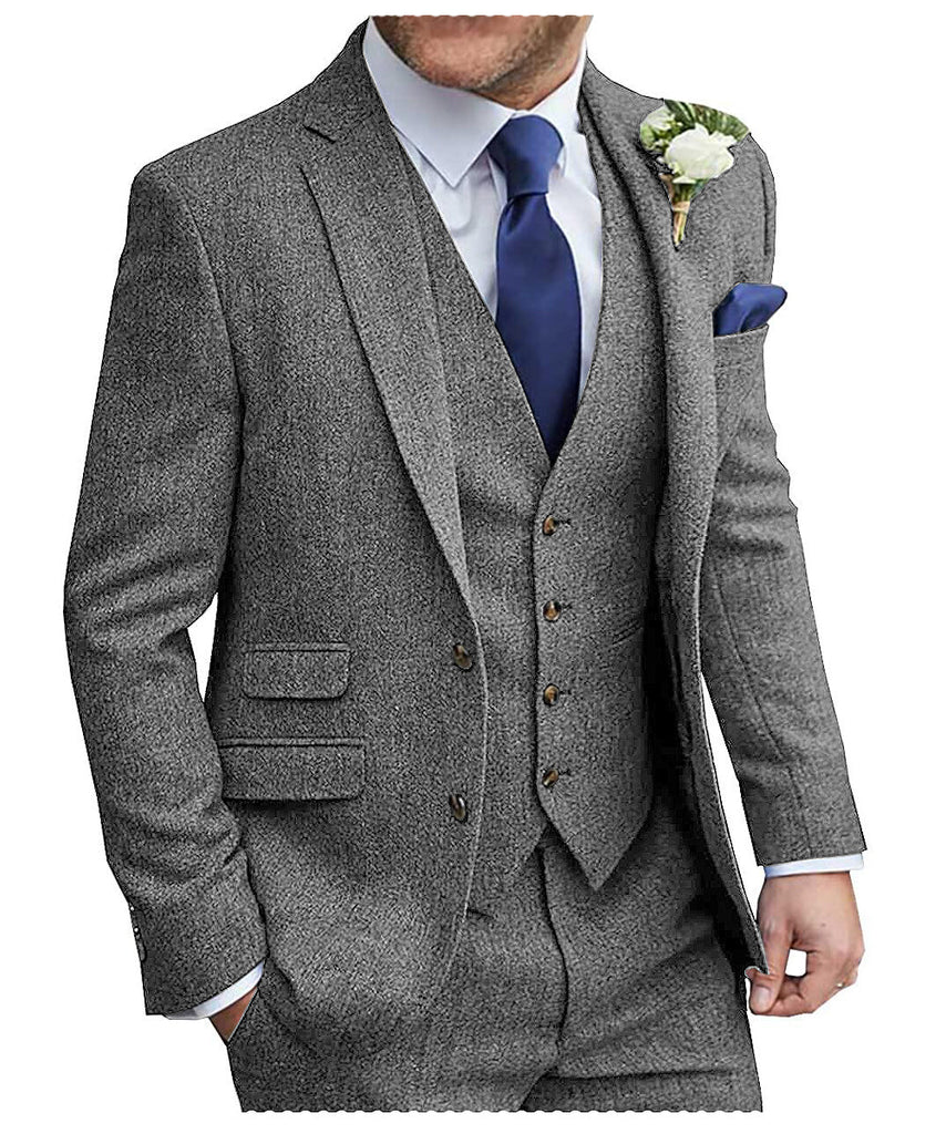 3 Pieces Suit - Formal Men's 3 Pieces Suit Tweed Notch Lapel Tuxedos (Blazer+vest+Pants)