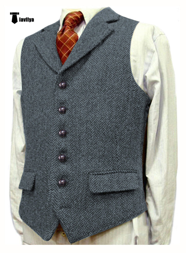 Suit Vest - Vintage Classical Men's Classic Tweed Herringbone Notch Lapel Waistcoat
