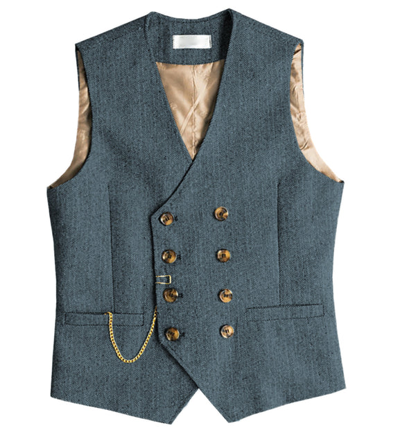Suit Vest - Men's Casual Double Breasted Tweed Herringbone V Neck Waistcoat