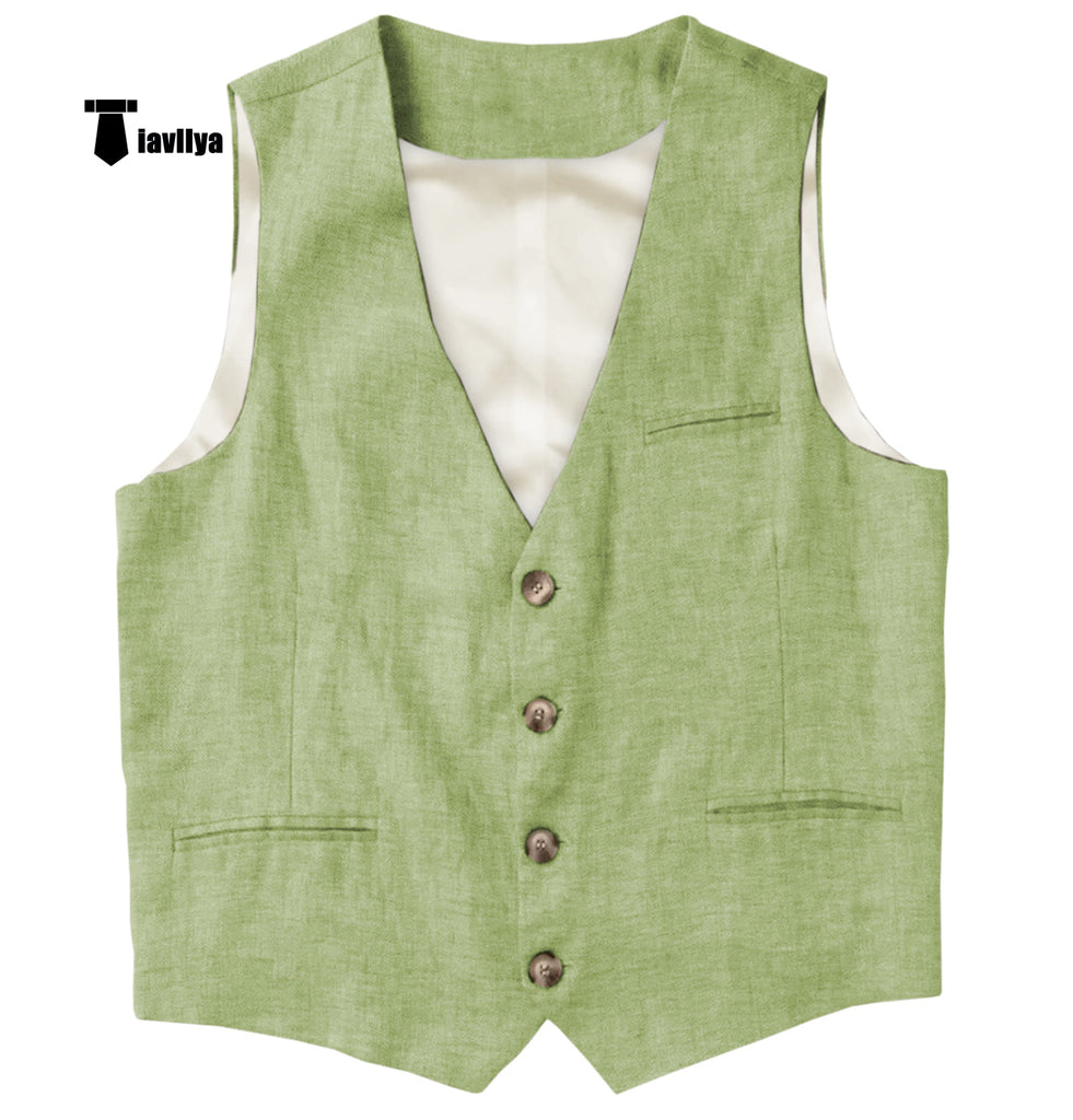 Casual Mens Waistcoat Flat Linen V Neck Waistcoat For Wedding Xs / Mint Green Suit Vest