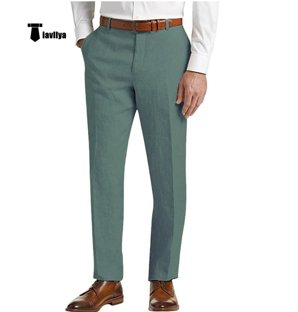 Formal Men’s Suit Pants Cotton Linen Trousers For Wedding 29W X 28L / Grass Green