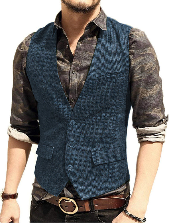 Suit Vest - Vintage Classical Mens Regular Fit Tweed Herringbone V Neck Waistcoat