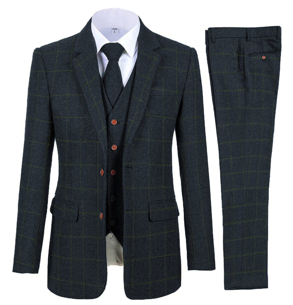 3 Pieces Suit - Fashion Men's 3 Pieces Tweed Plaid Notch Lapel Suit (Blazer+vest+Pants)