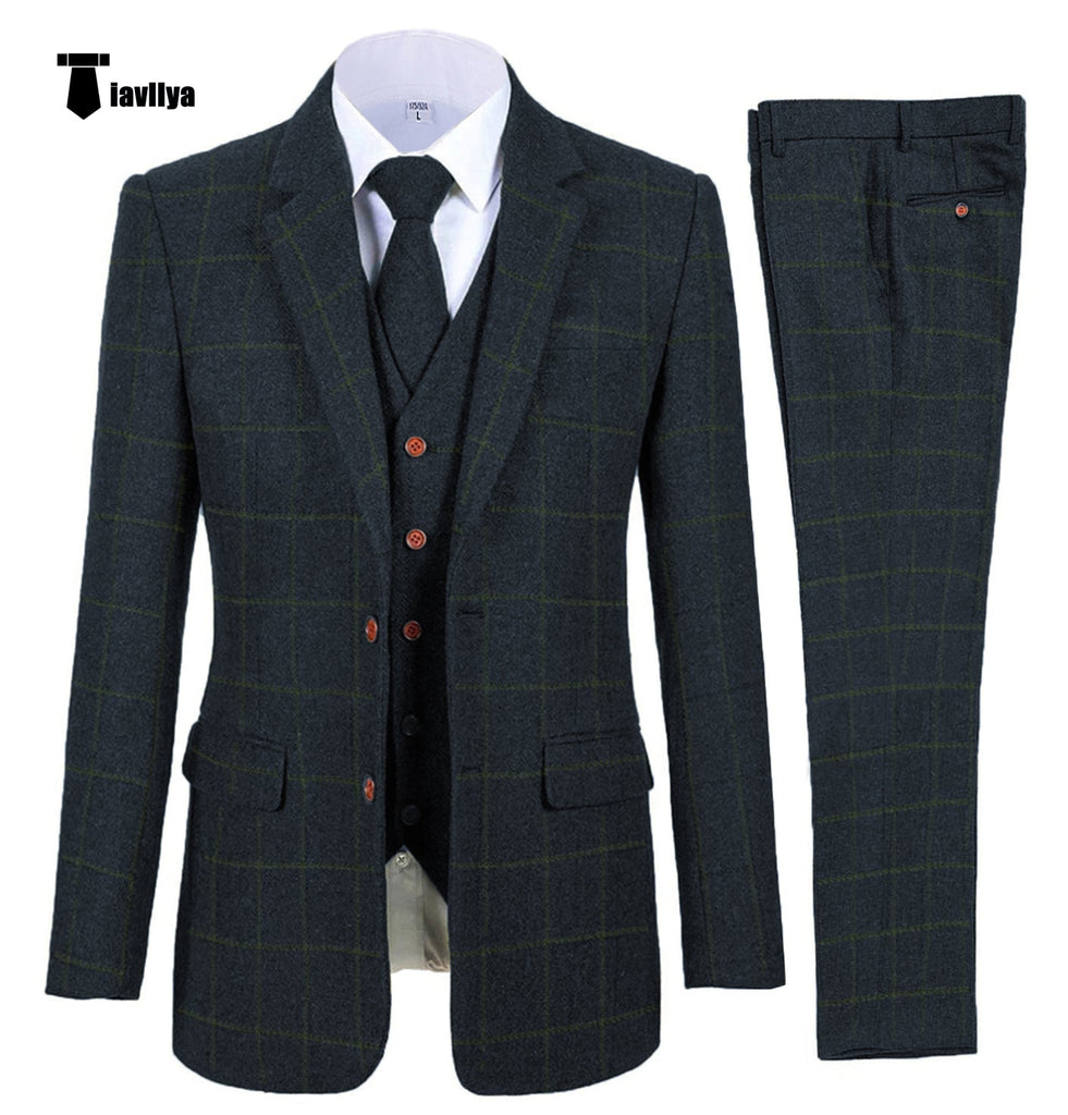 3 Pieces Suit - Fashion Men's 3 Pieces Tweed Plaid Notch Lapel Suit (Blazer+vest+Pants)