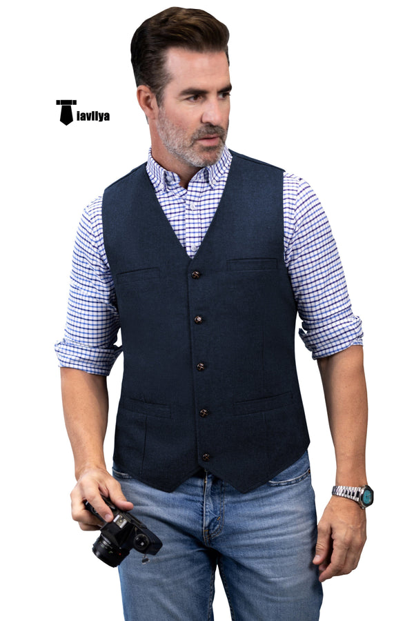 Formal Men’s Tweed Herringbone V Neck Waistcoat Xs / Navy Suit Vest