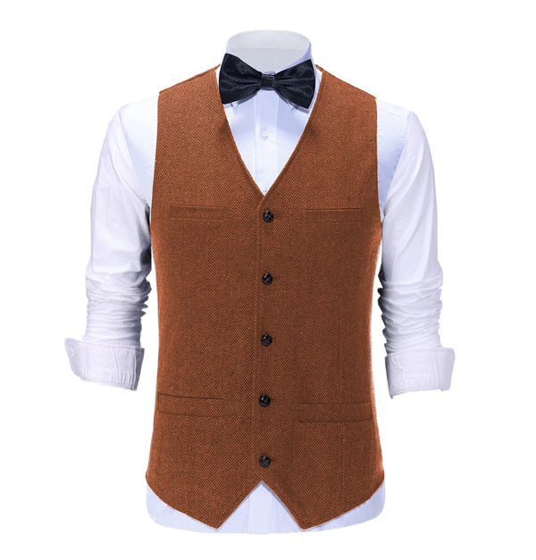 Suit Vest - Casual Mens Regular Fit Tweed Herringbone V Neck Waistcoat
