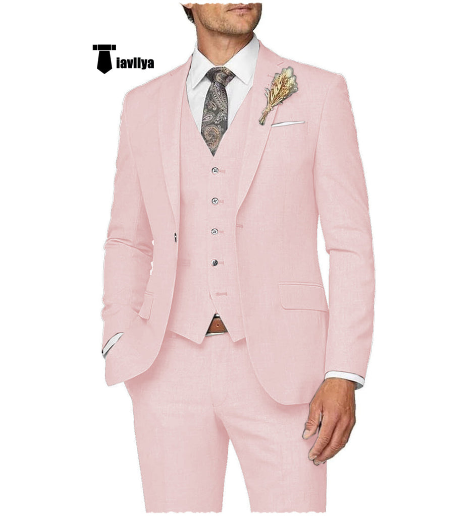 Casual Men’s 3 Pieces Mens Suit Notch Lapel Linen For Wedding (Blazer + Vest + Pants) Xs / Pink