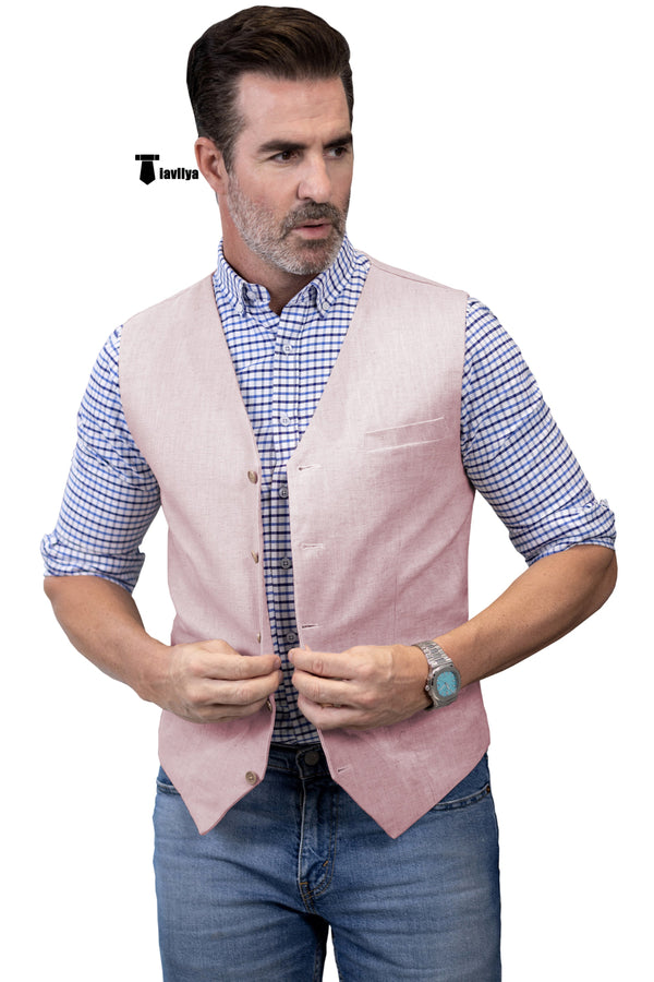 Mens Waistcoat Flat Linen V Neck Waistcoat For Wedding Xs / Pink Suit Vest