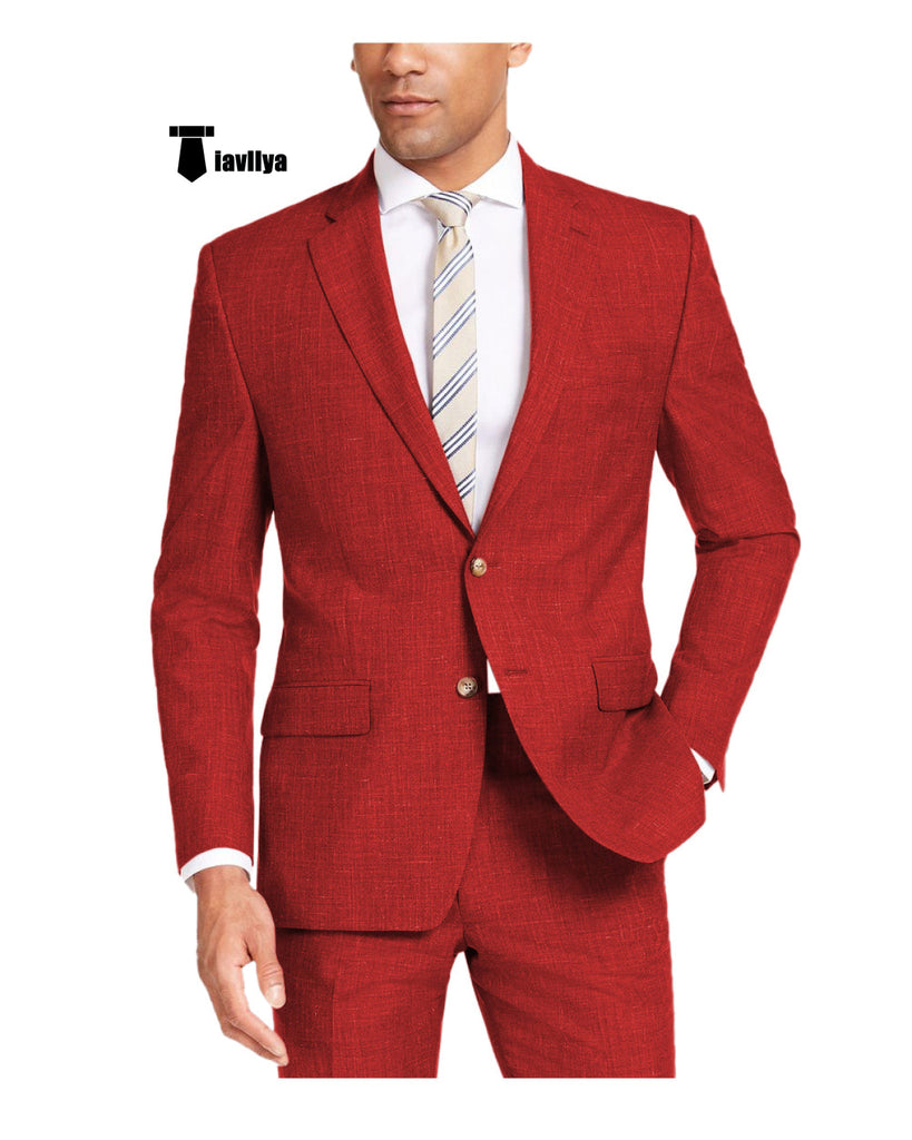 Casual Men’s 2 Pieces Suit Notch Lapel Linen For Wedding (Blazer + Pants) Xs / Red Pieces Suit