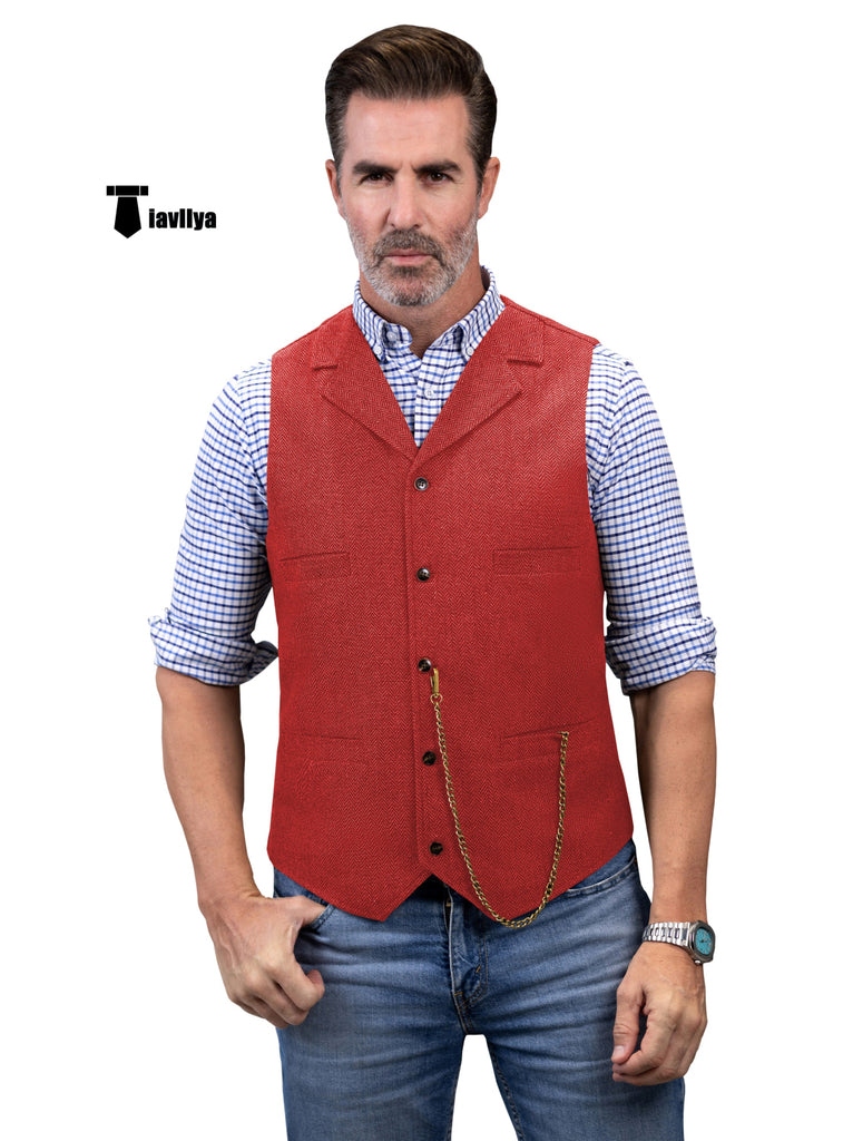 Casual Men’s Tweed Herringbone Notch Lapel Waistcoat Xs / Red Suit Vest