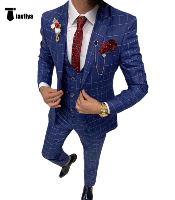 3 Pieces Suit - Formal Mens Suit 3 Pieces Plaid Peak Lapel Tuxedos (Blazer+Vest+Pants)
