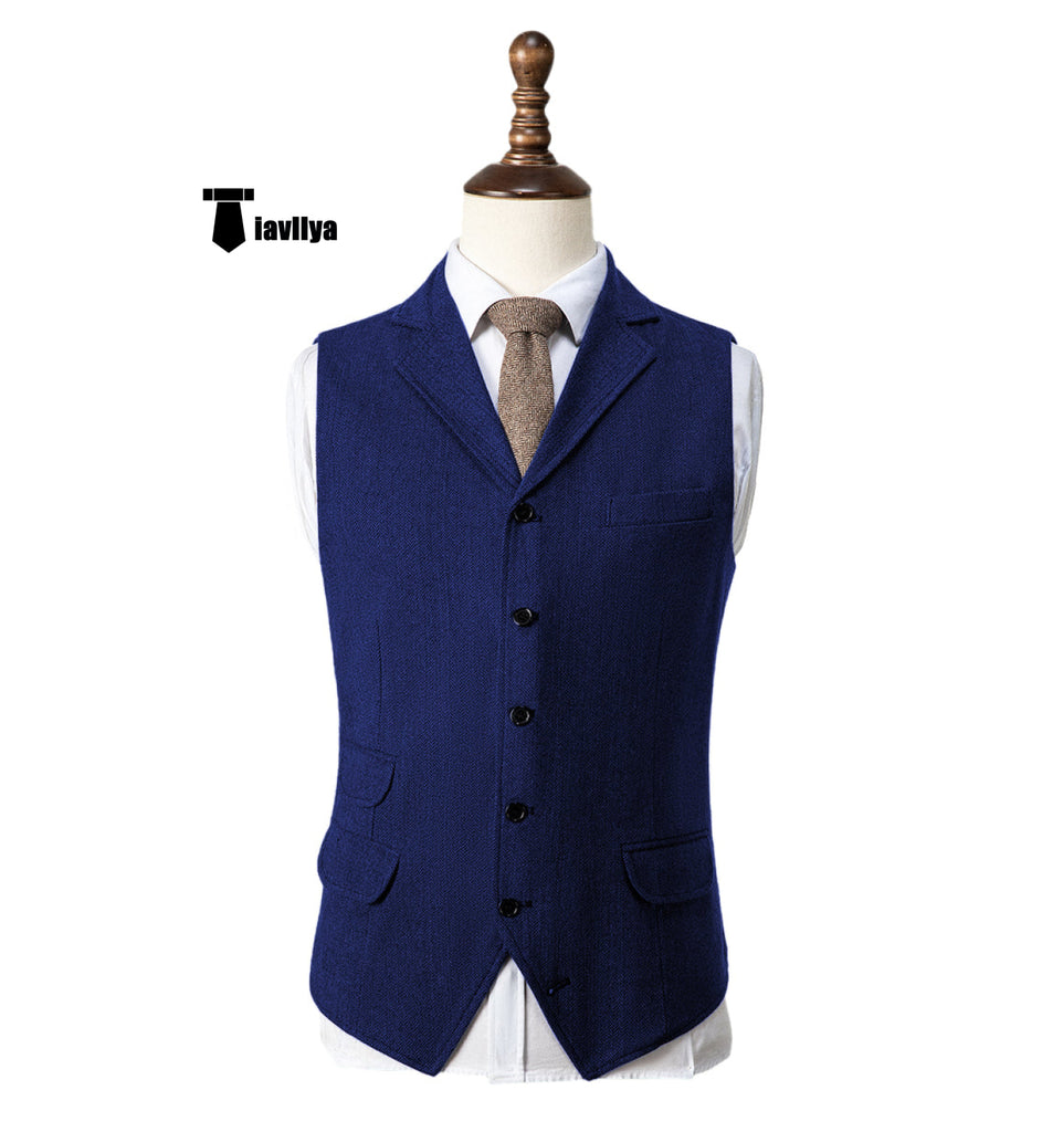 Vintage Classical Men’s Classic Tweed Herringbone Notch Lapel Waistcoat Xs / Royal Blue Suit Vest