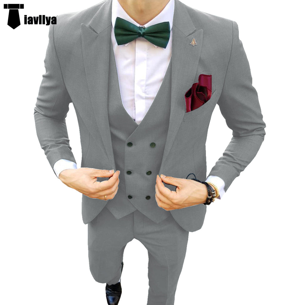 Fashion Men’s Suit 3 Piece Peak Lapel Flat Tuxedo Wedding (Blazer + Vest + Pants) Xs / Silver