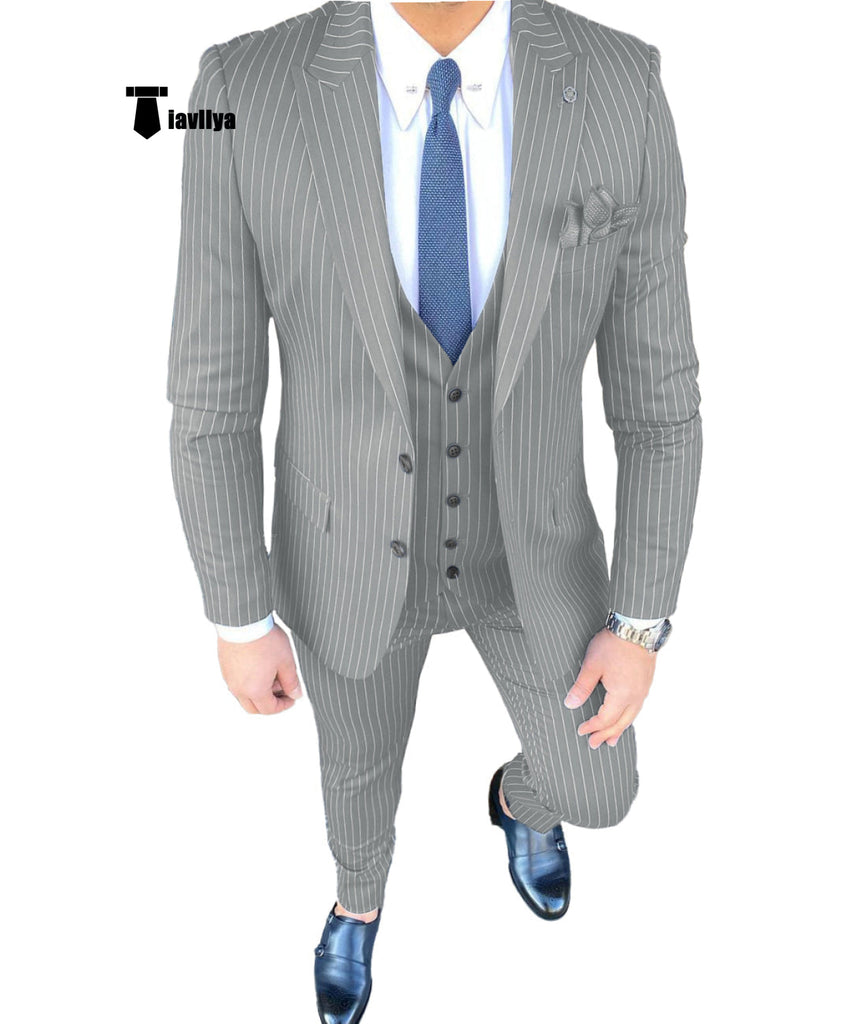 3 Pieces Suit - Fashion Men's 3 Pieces Slim Fit Striped Peak Lapel Tuxedos (Blazer+vest+Pants)