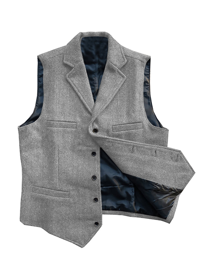 Suit Vest - Vintage Classic Slim Tweed Herringbone Notched Lapel Waistcoat