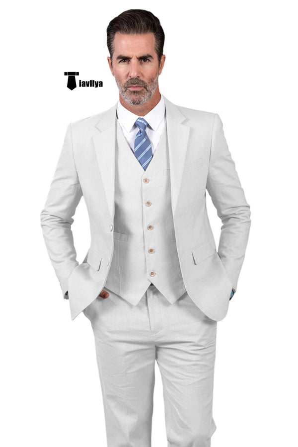 Formal Men’s 3 Pieces Mens Suit Notch Lapel Linen For Wedding (Blazer + Vest + Pants) Xs / White