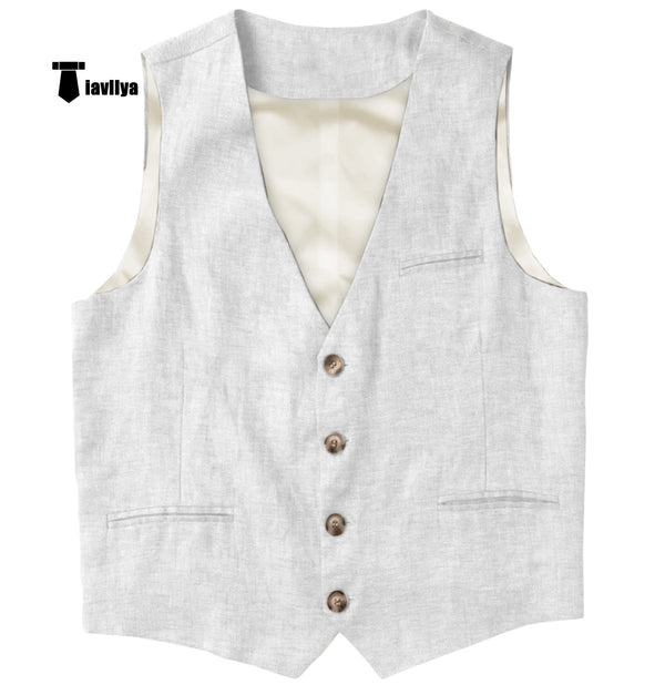 Casual Mens Waistcoat Flat Linen V Neck Waistcoat For Wedding Xs / White Suit Vest