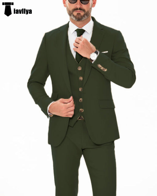 Formal Men’s 3 Piece Regular Fit Notch Lapel Flat Suit (Blazer + Vest + Pants) Xs / Army Green