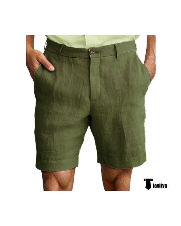 Casual Men’s Short Pants Cotton Linen For Beach Wedding 29W X 28L / Army Green Suit