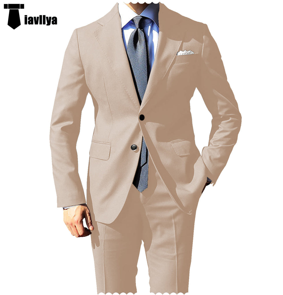Fashion 2 Pieces Mens Suit Flat Notch Lapel Tuxedos For Wedding (Blazer + Pants) Xs / Beige Pieces