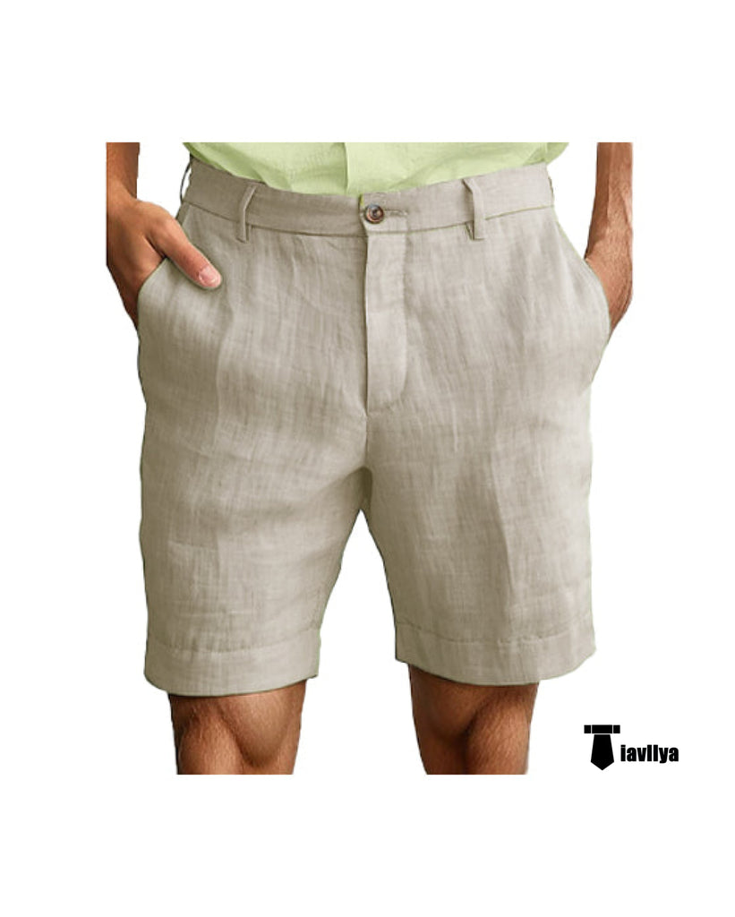 Casual Men’s Short Pants Cotton Linen For Beach Wedding 29W X 28L / Beige Suit