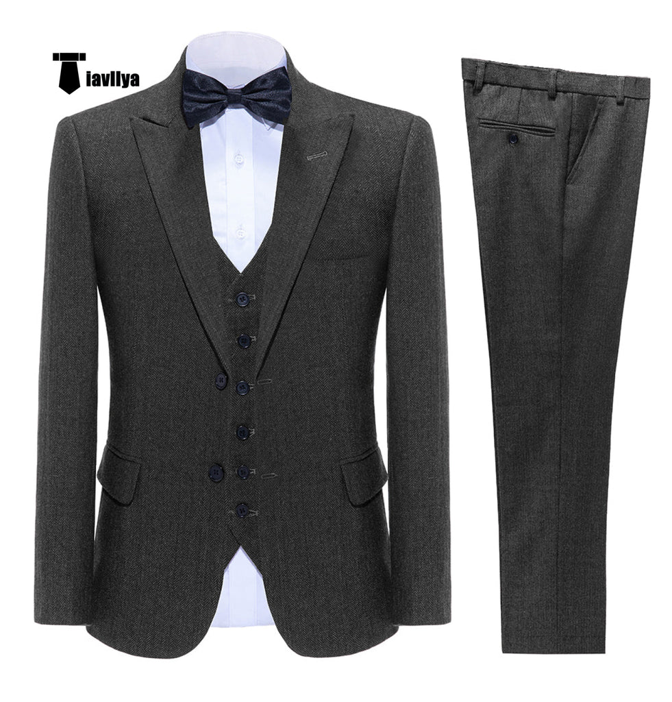 Vintage Classical Men’s 3 Pieces Suit Tweed Notch Lapel Tuxedos (Blazer + Vest + Pants) Xs /