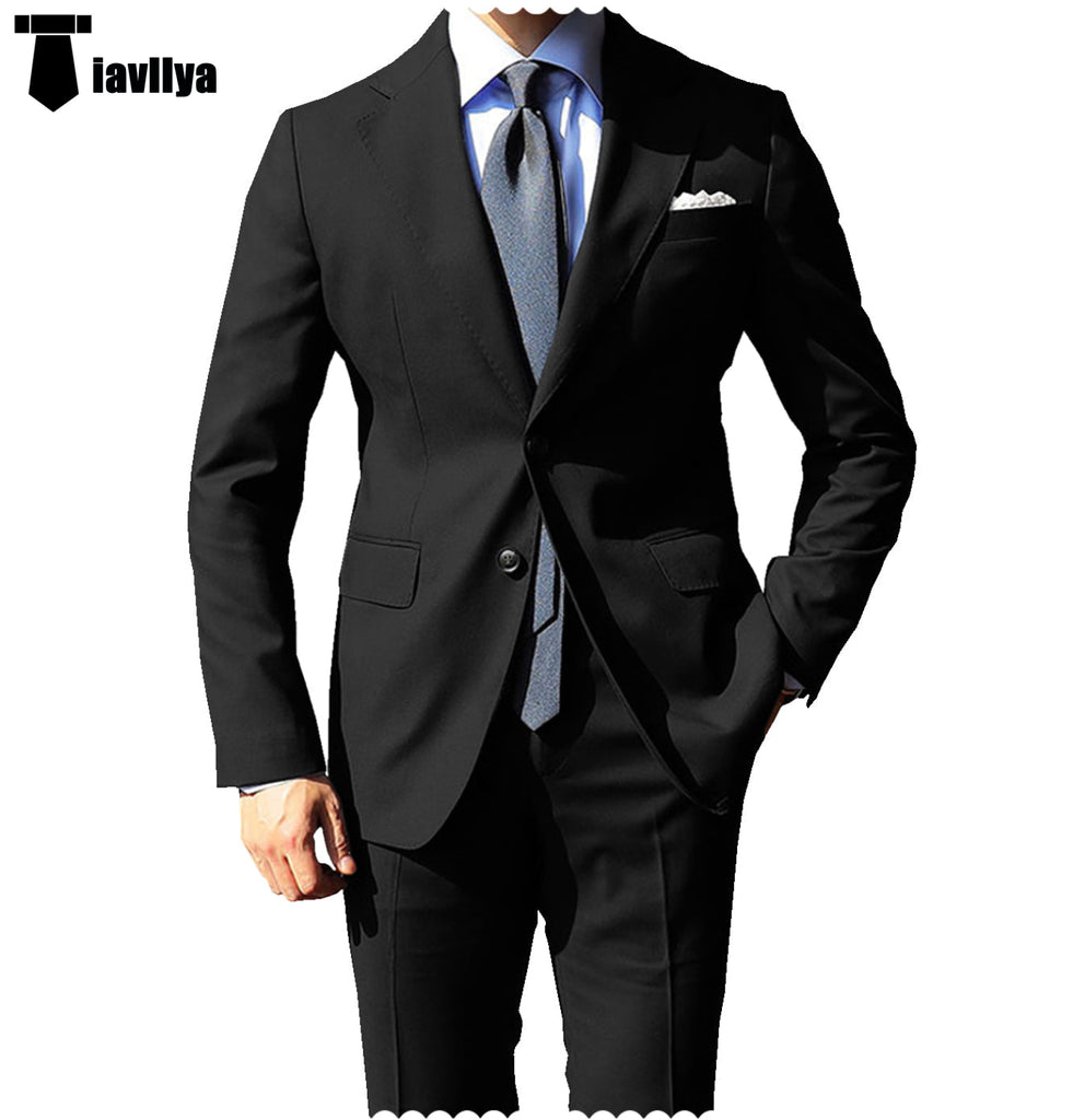 Fashion 2 Pieces Mens Suit Flat Notch Lapel Tuxedos For Wedding (Blazer + Pants) Xs / Black Pieces