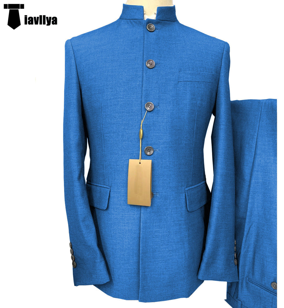 2 Pieces Suit - Classic 2 Piece Men's Slim Fit Solid Color Stand Collar Wedding Suit (Blazer+Pants）