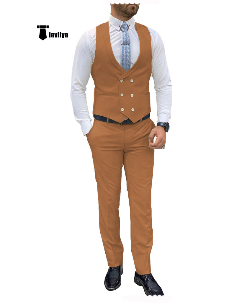 Double Breasted Formal 2 Pieces Mens Suit For Wedding(Vest + Pants) Xs / Light Brown Suit