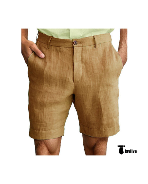 Casual Men’s Short Pants Cotton Linen For Beach Wedding 29W X 28L / Brown Suit