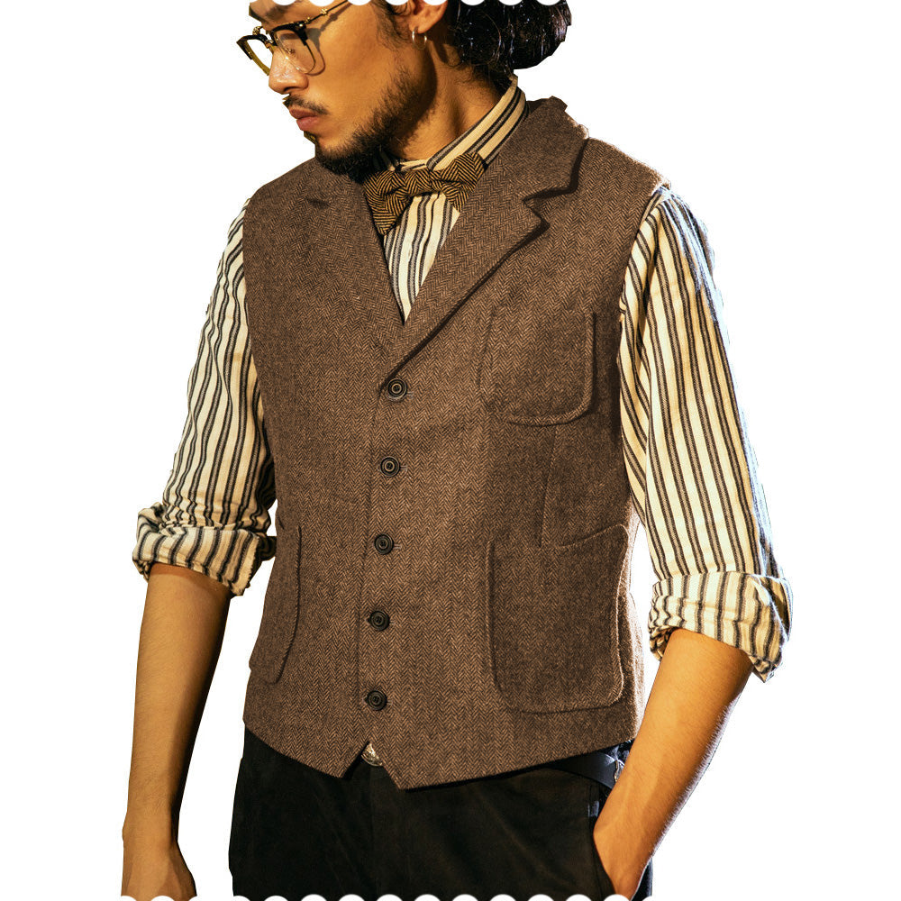 Suit Vest - Fashion Men's Classic Tweed Herringbone Notch Lapel Waistcoat